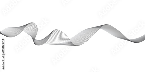 Abstract monochromatic flowing wave lines with thin parallel curves and gradient motion, designed as a modern sound frequency and digital data pattern on a clean white background