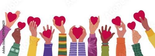 Diverse multiracial hands raised up holding red hearts. Volunteering, charity, donation concept. Hand drawn vector vector illustration isolated on white background, modern flat cartoon style.