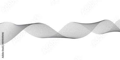 Modern abstract flowing wave line design featuring thin parallel black curves with gradient fade effects, forming a smooth sound wave and digital motion pattern on a white background.