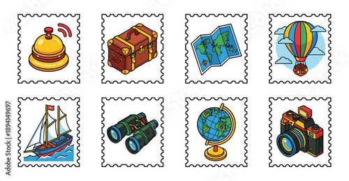 Cartoon Vector Travel Icon Postage Stamp Collection for Scrapbooking and Vacation Stationery Design