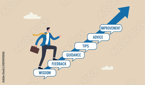  Advice, discussion talking, guidance, tips or suggestion for business success, help, wisdom, feedback to develop improvement concept, businessman walk speech bubble as stair to reach success