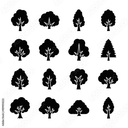 Wallpaper Mural A collection of various tree icons in black silhouette style arranged in a grid pattern on vector icon Torontodigital.ca