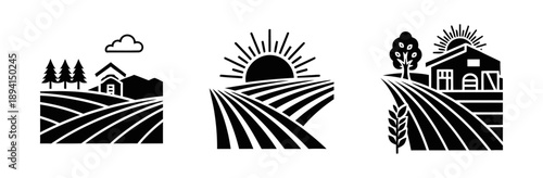 A series of three black and white landscape illustrations depicting different scenes of nature and rural life on vector icon