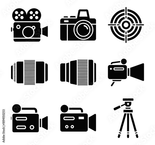 Wallpaper Mural A collection of black and white icons representing various camera equipment including different camera types lenses and photography accessories on vector icon Torontodigital.ca