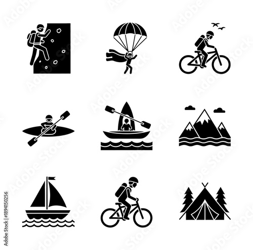 A collection of nine black and white silhouette icons representing outdoor adventure activities including climbing kayaking cycling camping and sailing on vector icon
