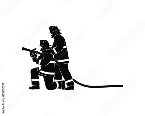 Two firefighters working together Vector Silhouette illustration design, two firefighters silhouette, firefighters working together vector, fireman duo silhouette, firefighter teamwork illustration