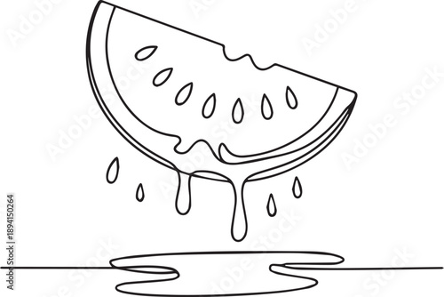 Juicy Watermelon Slice Dripping Juice on a Flat Surface Line Art Illustration