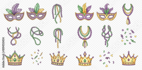 Mardi Gras celebration set with masks, beads, crowns, and confetti in traditional colors.