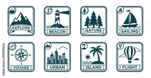 Minimalist Outdoor Adventure and Travel Badge Asset Set for Retro Poster and Stationery Branding