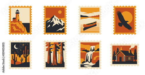 Flat Vector Nature Landscape Scalloped Postage Stamp Collection for Outdoor Travel and National Park Stationery