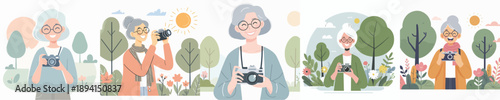 grandma photographer in the park in a simple and minimalist flat design vector style
