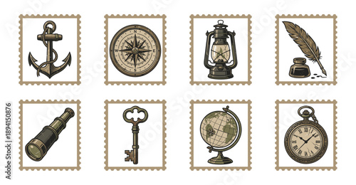 Vintage Nautical Exploration Postage Stamp Collection for Antique Travel Scrapbooking and Maritime Heritage Design