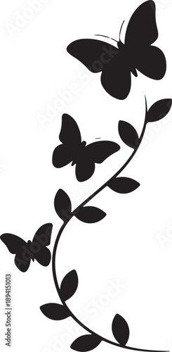 Three graceful butterfly silhouettes gently flutter around a delicate vine branch on a clean white background