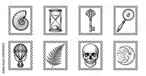 Vintage Engraving Style Mystic Curiosity Postage Stamp Collection for Scrapbooking and Occult Stationary Designs