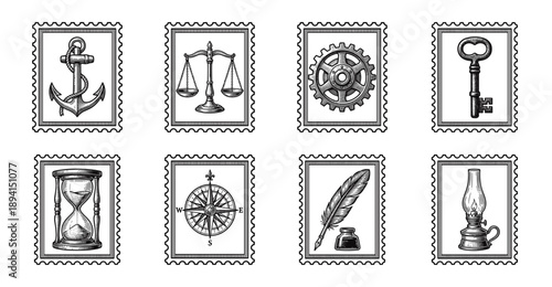 Vintage Engraving Nautical and Intellectual Postage Stamp Collection for Retro Stationery Design