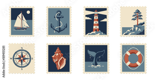 Vintage Nautical Marine Life Postage Stamp Collection for Maritime Travel Branding and Summer Scrapbooking