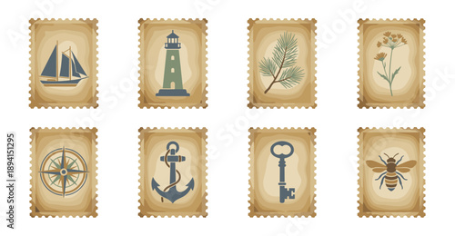 Vintage Nautical and Botanical Postage Stamp Collection for Scrapbooking and Stationery Design