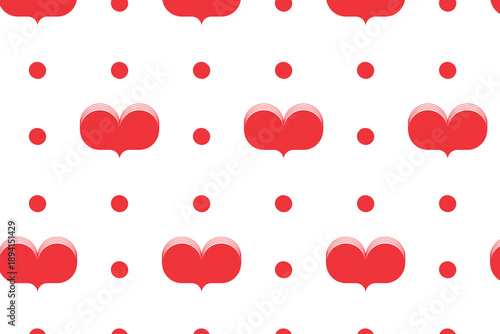 Seamless vector pattern with red geometric hearts and polka dots on a white background.