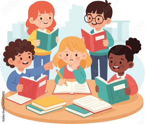 Flat vector illustration of school education elements, students studying, and school building set.