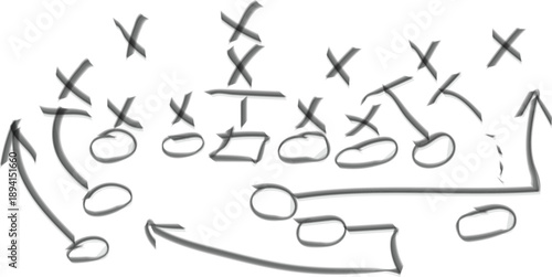 Vector alphabet letters A Z C pattern with hand drawn doodle style design on textured background. Hand draw strategy game, American football tactics, sketched gruge black marker, isolated on white bac