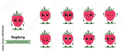 Cute Kawaii Raspberry Character Set With Emotions