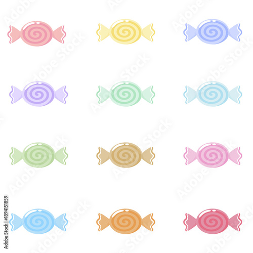 Set of pastel candy illustrations, colorful sweet spiral candies wrapped icons in flat vector style
