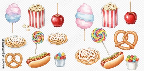 Watercolor illustration set of classic carnival and fairground food items, including cotton candy, popcorn, candy apples, hot dogs, pretzels, funnel cakes, lollipops, and ice cream.