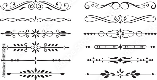Diverse array of black ornamental page dividers and scrollwork elements on a crisp white background