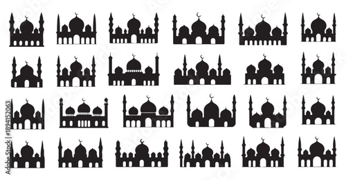 Set of 24 vector mosque solid black icons representing islamic worship places and muslim holidays
