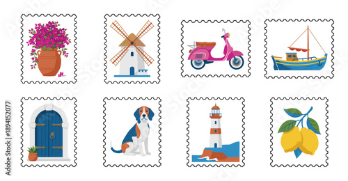 Flat Vector Mediterranean Summer Aesthetic Postage Stamp Collection for Travel Scrapbooking and Branding