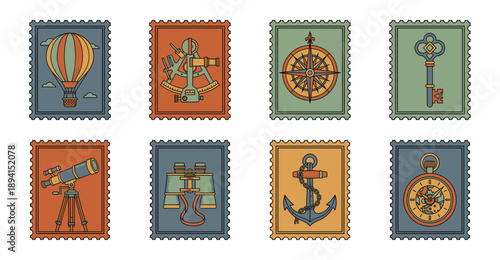 Vintage Nautical Navigation Tool Postage Stamp Set for Maritime Exploration Scraps