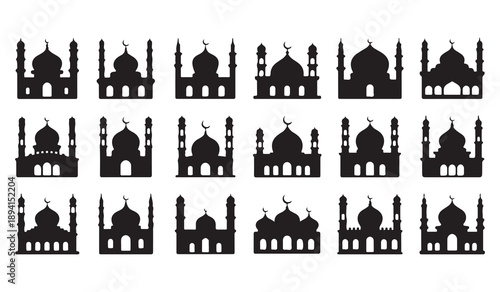 Set of masjid icons. simple flat style masjid islamic worship places. mosque icon design collection concept