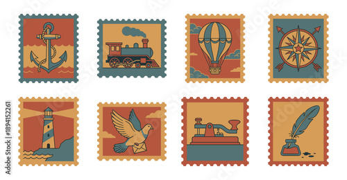 Retro Aesthetic Nautical and Communication Postage Stamp Collection for Vintage Travel and Scrapbooking Design