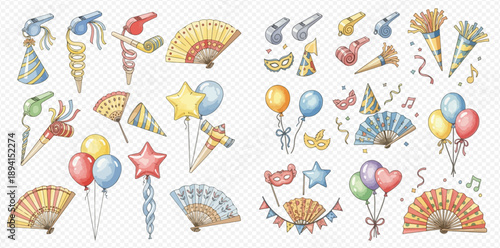 Watercolor illustration set of festive party elements including balloons, fans, whistles, and party hats.