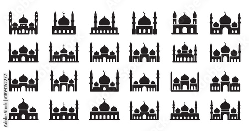 Set of masjid icons. simple flat style masjid islamic worship places. mosque icon design collection concept