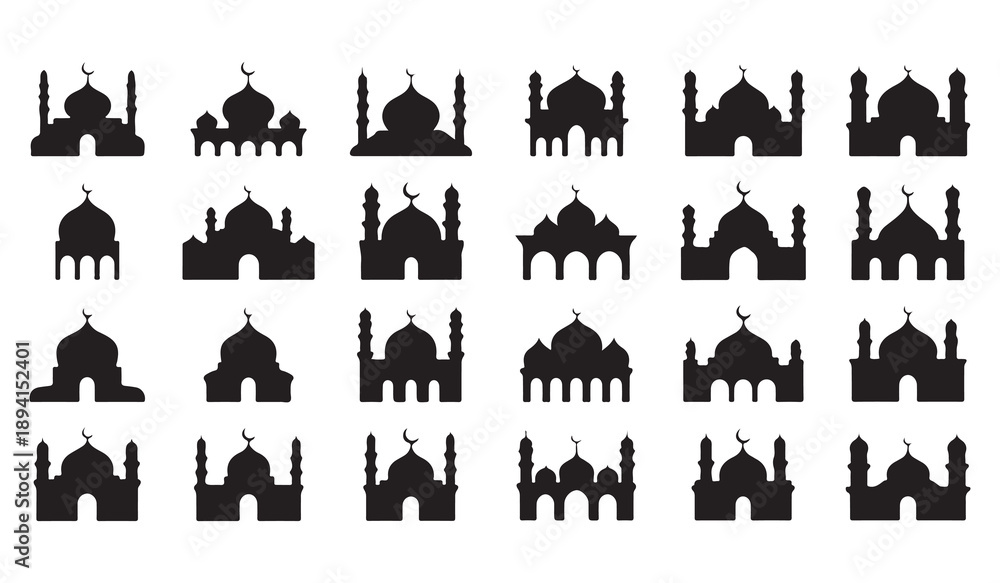 Obraz premium Collection of mosque silhouettes vector set with various architectural designs and minarets on white background