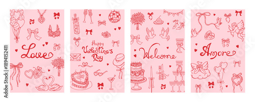 Set of holiday romantic cards in sketch doodle whimsical style. Wedding, Valentines Day, Cowgirl Bachelorette Party. Symbols of love, romance and wedding items. Elegant ink sketch line vector art