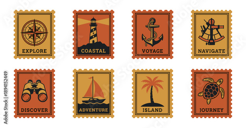 Vintage Nautical Aesthetic Postage Stamp Set for Maritime Travel Scrapbooking and Coastal Summer Branding