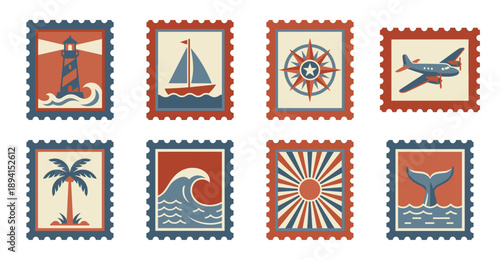 Retro Nautical Travel Postage Stamp Collection for Summer Stationery and Vacation Scrapbooking