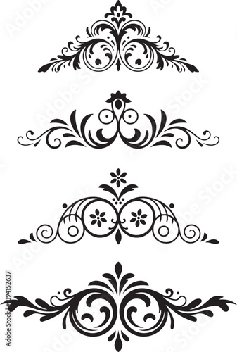 Four elegant black floral flourishes arranged horizontally on a clean white background, creating sophisticated decorative borders