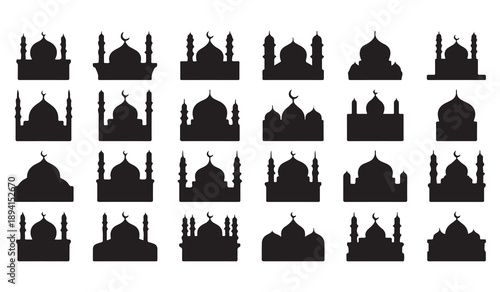 Vector graphic set of various mosque silhouettes illustrating different Islamic architectural forms on a plain background