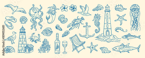 Hand drawn coastal living illustration ink grunge sketch with Mediterranean travel grungy doodles. Italian summer mood featuring food Amalfi coast grunge textured seafood. Relaxed seaside aesthetic