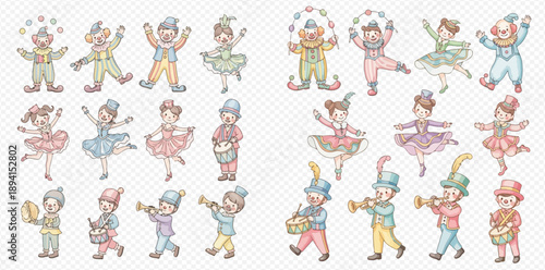 Set of cute watercolor circus performers, including clowns, ballerinas, and musicians playing instruments, on a transparent background.