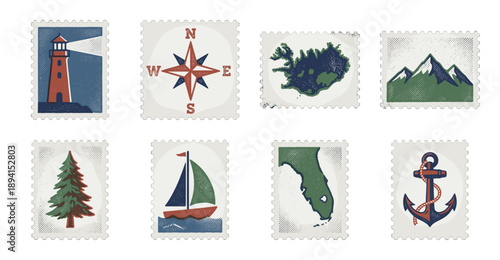 Vintage Nautical and Geographic Illustration Postage Stamp Collection for Travel Stationery and Scrapbooking