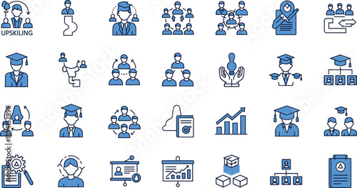 Education and Professional Training Icon Set Featuring Upskilling, Learning, Coaching, Certification, Team Development, Career Growth, Online Courses, and Knowledge Management Concepts