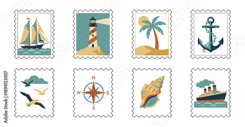 Minimalist Retro Nautical and Maritime Adventure Postage Stamp Set for Travel Branding and Summer Stationary