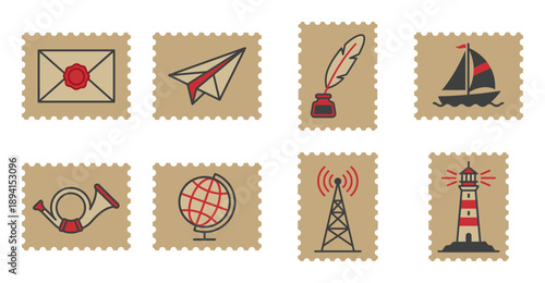 Minimalist Vintage Communication and Navigation Postage Stamp Collection for Global Travel Assets