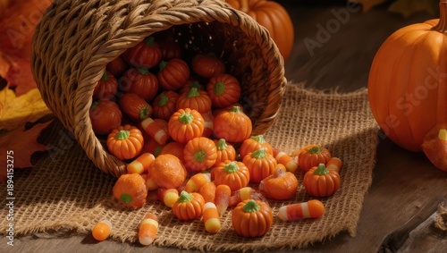 Festive Halloween scene with miniature pumpkin candies spilling from a rustic woven basket