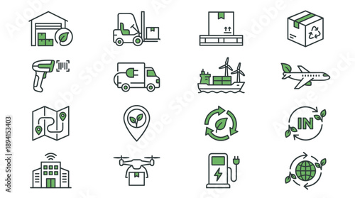 Sustainable logistics and supply chain icon set with eco-friendly transportation, electric vehicles, recycling, green energy, and smart delivery solutions for environmental sustainability.