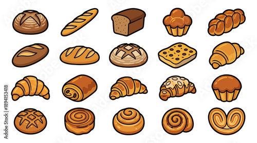 Vector Icon Set of Artisanal Bakery Products with Bold Outlines, Featuring Sourdough Bread, Baguette, Croissants, Cinnamon Rolls, Muffins, and Pastries in a Clean Grid Layout on White Background.